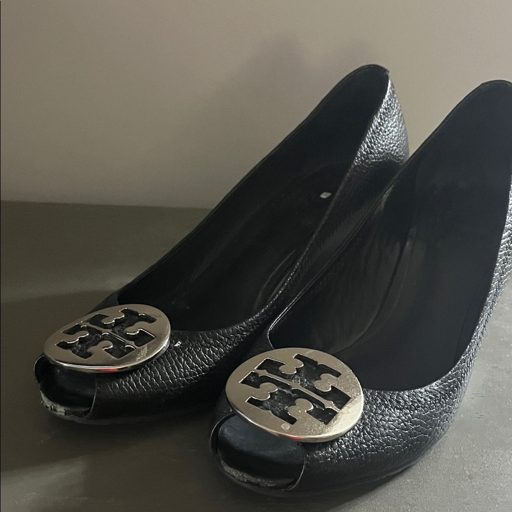 Tory Burch Black Peep-Toe wedge with Silver Accent 8